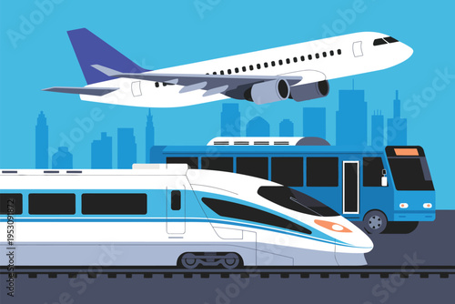 Transportation illustration, train bus airplane, modern cityscape design, high speed train city bus airliner, blue sky background, minimalist vector style, urban transport concept