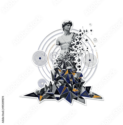 A realistic monochrome statue emerging from abstract geometric blocks as if blending past and present, concentric circular graphics suggesting historical