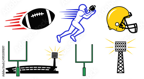 American Football Game Elements Stadium Lights Goal Posts and Helmet