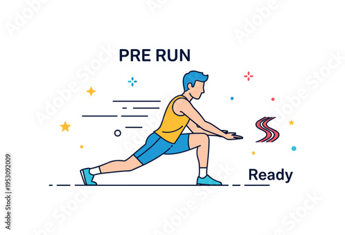 Pre run stretching routine showing a runner lunging forward with controlled posture and calm concentration. Simple motion lines, a tiny track curve element and
