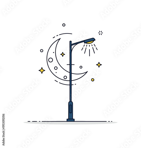 Streetlight silhouette against moon tall lamppost framed by a simple crescent moon shape, symbolizing nighttime navigation and guidance. A clean editorial