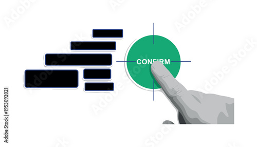 A realistic monochrome finger tapping a digital ?confirm? button, button visualized as bold flat circle intersected by thin linear guides, abstract blocks