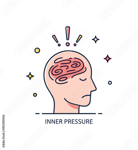 Inner pressure visualized by a head with swirling lines and small exclamation marks above, showing mental stress and emotional overload. Minimalist flat vector
