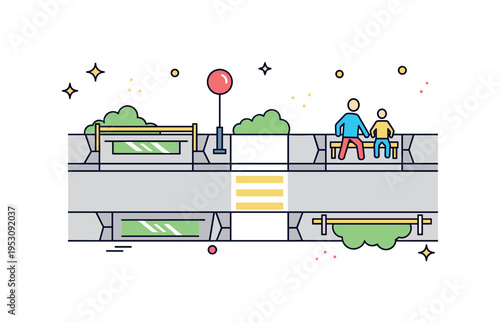 Designing a residential street with lowered curbs, clear walkways, and resting spots for elderly pedestrians, small decorative icons highlighting safe urban