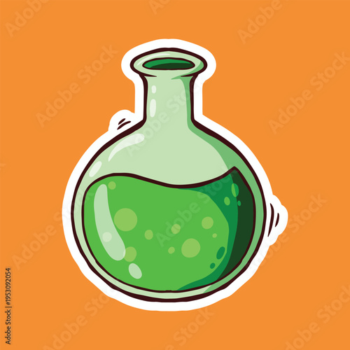 A cartoon illustration of a round-bottom flask with bubbling green liquid on an orange background.