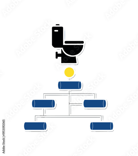 Black and white toilet icon simplified into bold shapes at top of decision tree, vivid yellow circle highlighting starting point, deep blue cylindrical forms