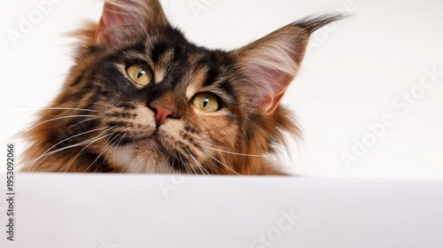 Close-up of fluffy maine coon cat with curious expression