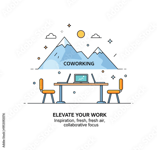Mountain coworking retreat scene showing a shared table setup with laptops against minimal peak silhouettes in the background. A short ?Elevate Your Work?