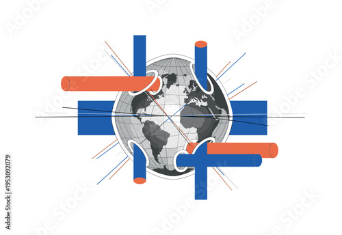 A monochrome distorted globe shape representing the geoid, intersected by flat rectangular color blocks and abstract cylinders symbolizing measurement systems,