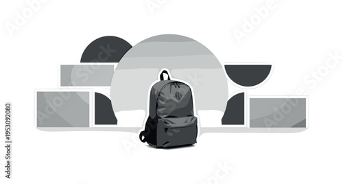 A monochrome backpack placed on the ground, oversized flat circle behind suggesting open horizon, abstract semicircles and rectangular panels framing the