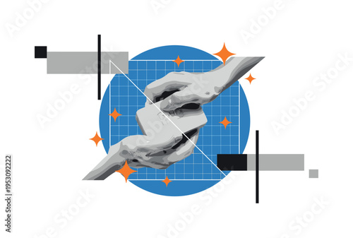 Black and white soap bar enlarged and partially cropped with hands lathering, large flat blue circle intersected by thin grid lines like health guide layout,