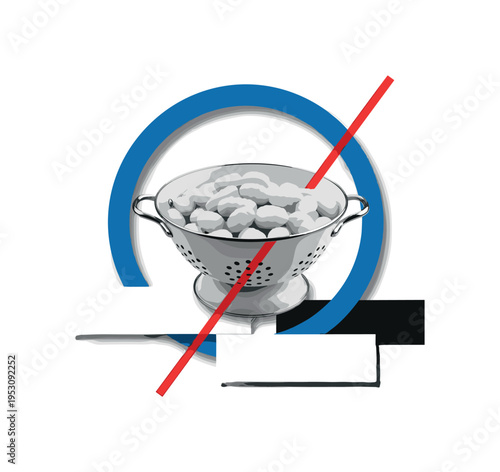 Black and white vintage colander with boiled gnocchi inside, oversized blue circular frame partially enclosing the colander, thin red diagonal stripe slicing