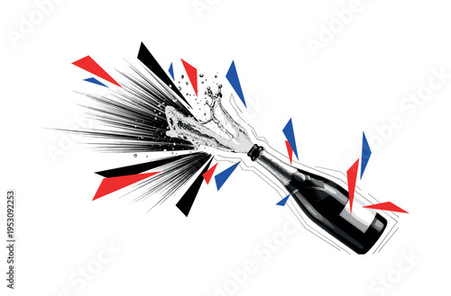 Black and white champagne bottle popping with splash frozen mid-air, fragmented angular shapes and radial lines amplifying celebration, vivid red and electric