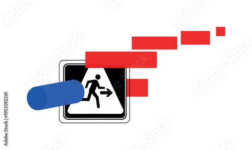 Black and white road sign with evacuation symbol, partially cropped and overlapped by bold blue cylinder and red rectangular blocks representing organized