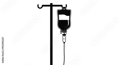 Silhouette of an IV drip bag on a medical stand isolated on white