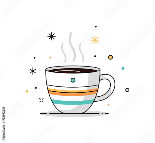 Morning coffee ritual hand painted mug with simple geometric stripes and soft steam rising above, conveying comfort and artistic routine. A warm concept