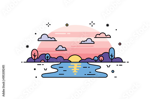Evening calm skies with soft twilight colors reflecting on a quiet river, creating a soothing and contemplative atmosphere. Minimalist flat vector