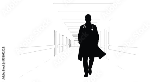 Silhouette of a male doctor walking through a hospital hallway