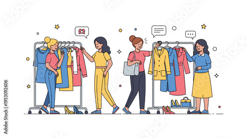 Browsing fashion racks with best friends comparing outfits and giving playful feedback, a lively scene of style exploration and shared excitement. Minimalist