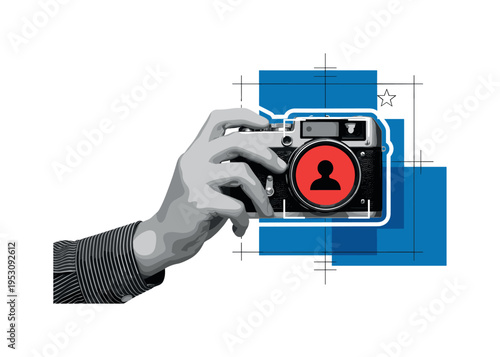 Black and white vintage camera held by a retro-style hand, camera lens replaced with a bold red circle symbolizing personalization, abstract blue geometric