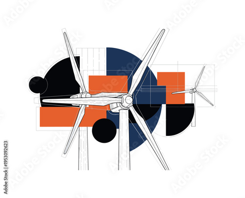 A monochrome technical blueprint of wind turbine blades combined with bold geometric circles and semicircles for contrast, thin linear grid