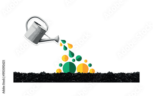 Black and white watering can pouring abstract geometric droplets onto soil, droplets turning into circular nutrient symbols, emerald green and warm yellow flat