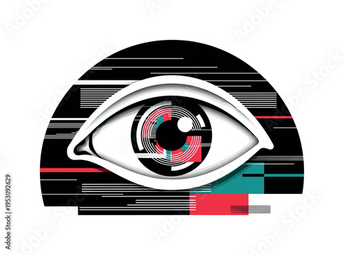 A monochrome eye close-up with iris transformed into concentric geometric circles and abstract blocks, thin horizontal scan lines crossing the image, bold