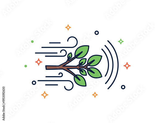 Strong wind through branches illustrated by a small cluster of leaves pressed in one direction with bold curved breeze lines surrounding them. A concise visual