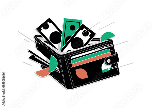 Black and white wallet opened mid-air, cash and cards simplified into bold geometric rectangles and semicircles, thin linear accents suggesting quick movement,