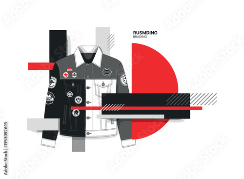 Monochrome denim jacket with visible customizable pins and embroidered patches, intersected by a large red semicircle and abstract rectangular blocks, subtle