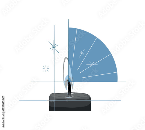 Monochrome close-up of a burning candle flame with detailed wick, intersected by a large blue semicircle symbolizing glow and thin vertical grid lines creating