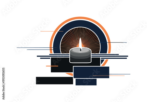 A monochrome candle with soft flame centered, bold circular halo radiating outward to symbolize warmth and gratitude, abstract rectangular blocks grounding the