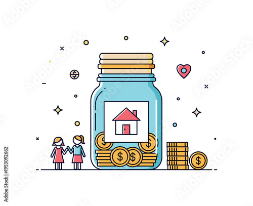 Family savings jar simple jar with coins and a tiny house icon drawn on the front, expressing saving for a home and shared future plans. A warm concept