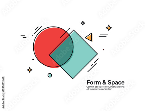 Geometric shapes exploration featuring a bold circle intersecting with a tilted square and small triangle accent. Clean overlaps, subtle shadow separation and