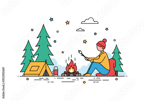 Forest camping scene with a person sitting near a crackling campfire, holding a marshmallow stick and a thermos nearby, emphasizing cozy solitude, warmth, and