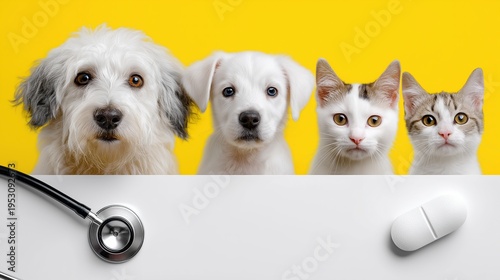 Adorable pets and veterinary care concept with dogs and cats on yellow background