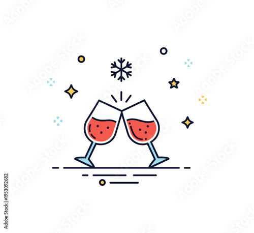 Festive winter celebration concept centered on a pair of clinking glasses beneath a subtle snowflake accent, expressing joy, unity and holiday cheer. The