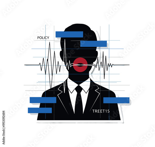 Black and white employee silhouette with geometric speech waves passing through the torso, bold deep red circle at the mouth area highlighting expression,