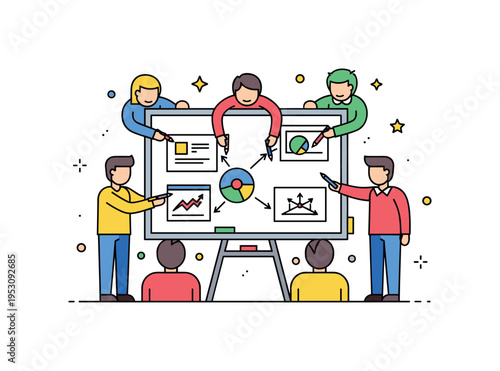 Group discussion around a whiteboard with sketches and colorful diagrams, small decorative dots and stars highlighting collaborative problem-solving and
