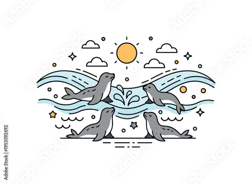Sunny seaside playtime illustrated by seals and sea lions splashing beneath a simple sun icon, with gentle curved wave shapes framing the scene. The compact