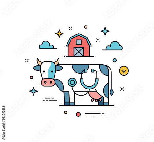 Farm animal veterinary visit centered on a simplified cow silhouette with a stethoscope accent and small barn icon to represent rural animal health services.