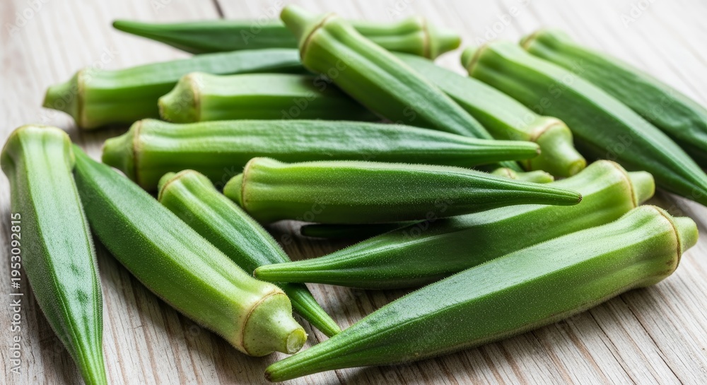 Fototapeta premium Fresh Okra Pods Arranged on a Wooden Surface