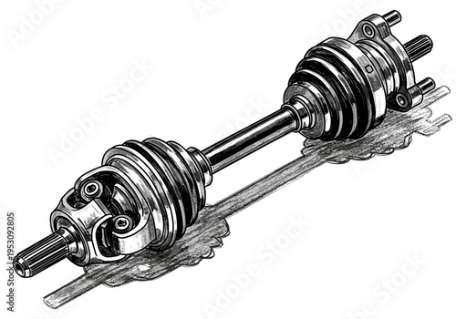 Detailed illustration of a car's CV axle shaft with universal joints and protective boots