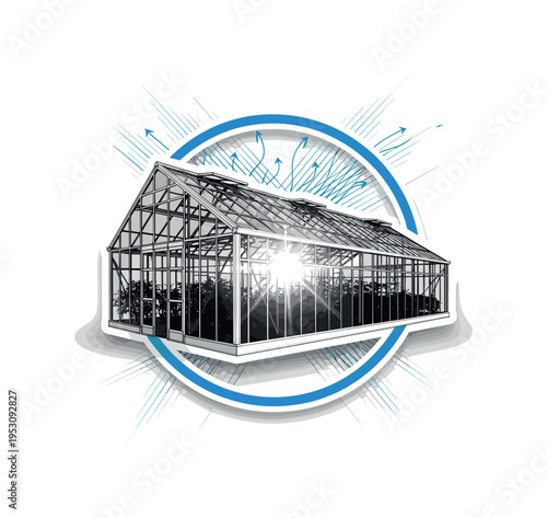 Monochrome greenhouse structure with visible frame details, layered with blue circular frame and fine diagonal lines suggesting energy efficiency and airflow,
