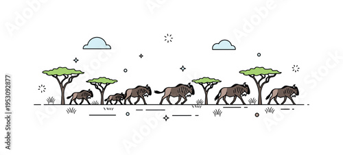 Savanna wildlife showing a herd of wildebeest moving across an open plain with small acacia trees scattered around, emphasizing migration and natural rhythm.