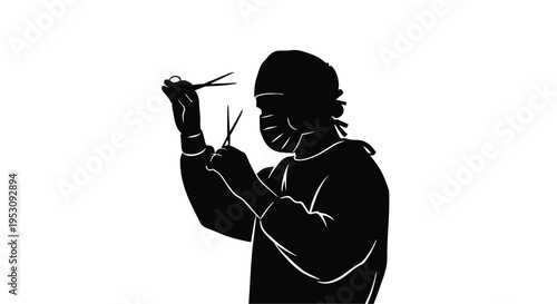 Person in beanie and mask holding scissors and paper, creative professional concept, isolated on white background, modern illustration