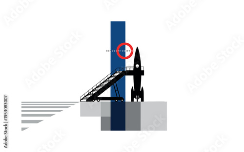 Black and white boarding staircase leading toward abstract rocket silhouette, deep blue vertical bar dividing composition like terminal structure, thin
