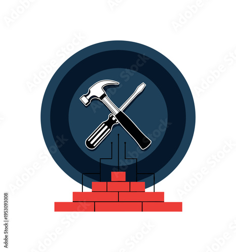 Conceptual property upkeep theme with black-and-white tools (hammer and screwdriver) crossed centrally, deep navy circle backdrop, red rectangular blocks