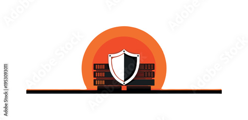 Monochrome shield icon layered over abstract server rack shapes, bold orange half-circle behind like protective aura, thin horizontal baseline grounding