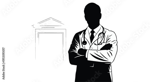 Silhouette of a professional doctor with arms crossed in front of a clinic